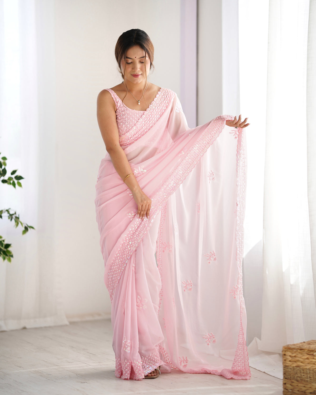 Urban Pallu Embroidered Poly Georgette Fusion Saree