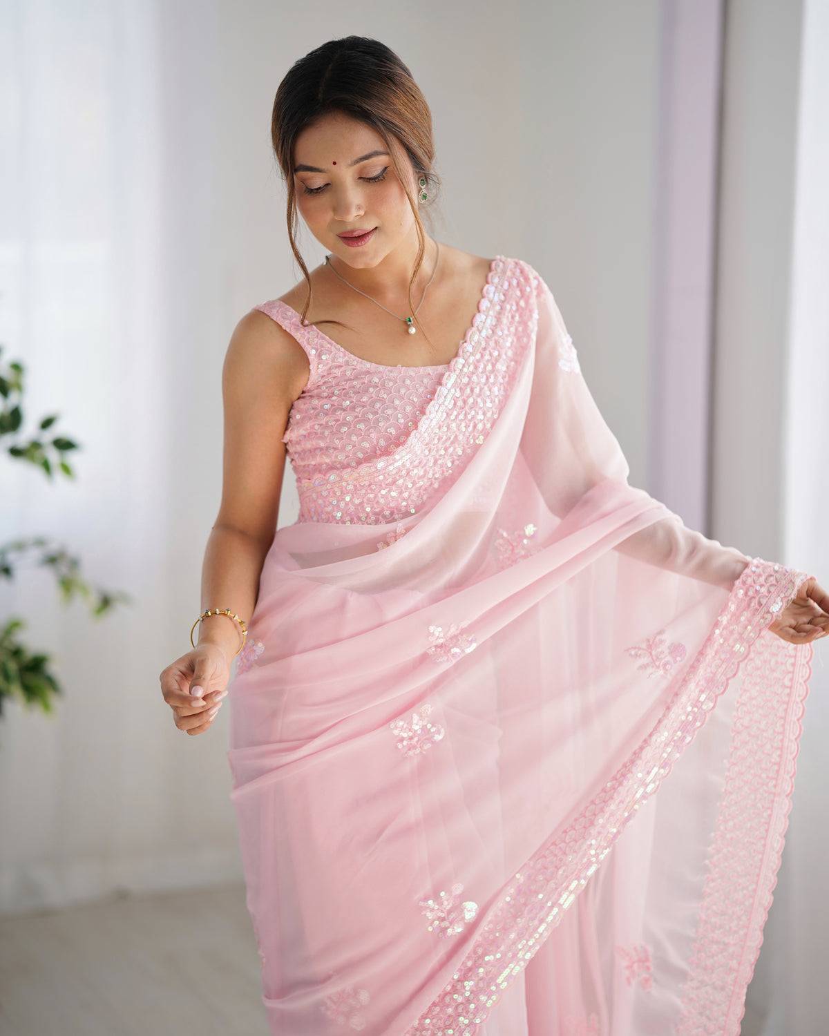 Urban Pallu Embroidered Poly Georgette Fusion Saree