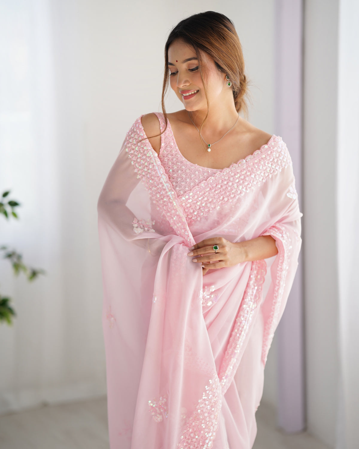 Urban Pallu Embroidered Poly Georgette Fusion Saree