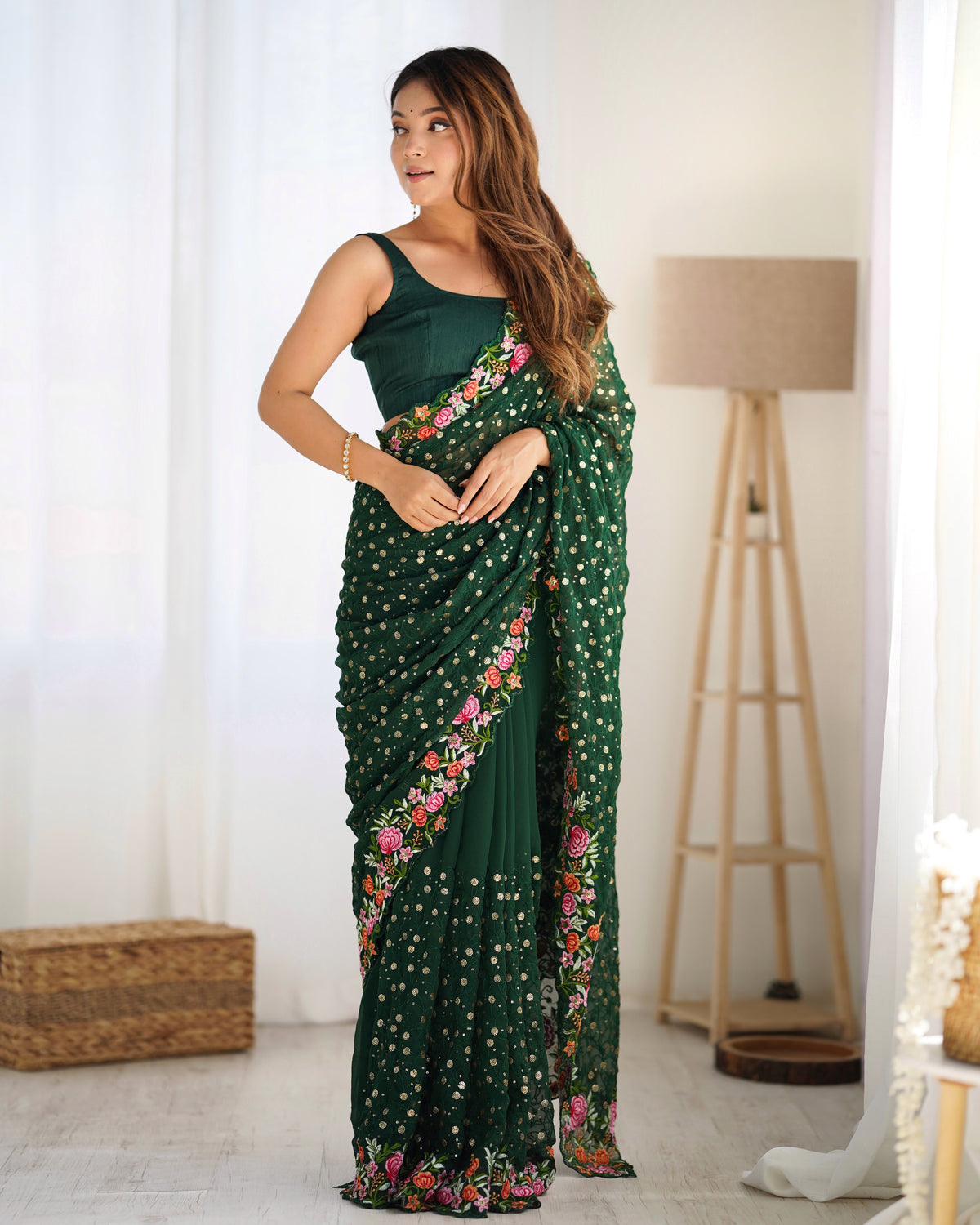 Urban Pallu Embroidered Poly Georgette Fusion Saree