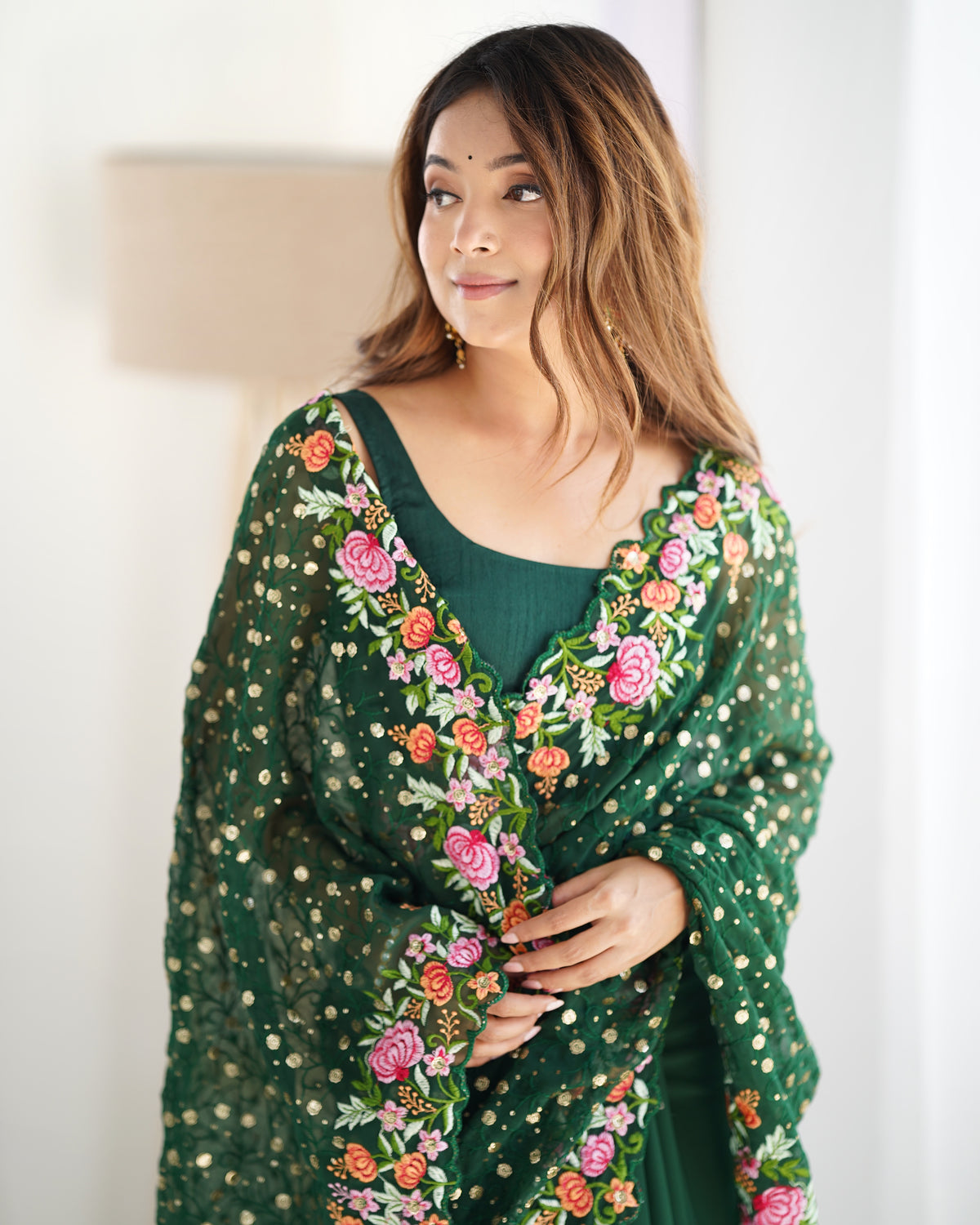 Urban Pallu Embroidered Poly Georgette Fusion Saree