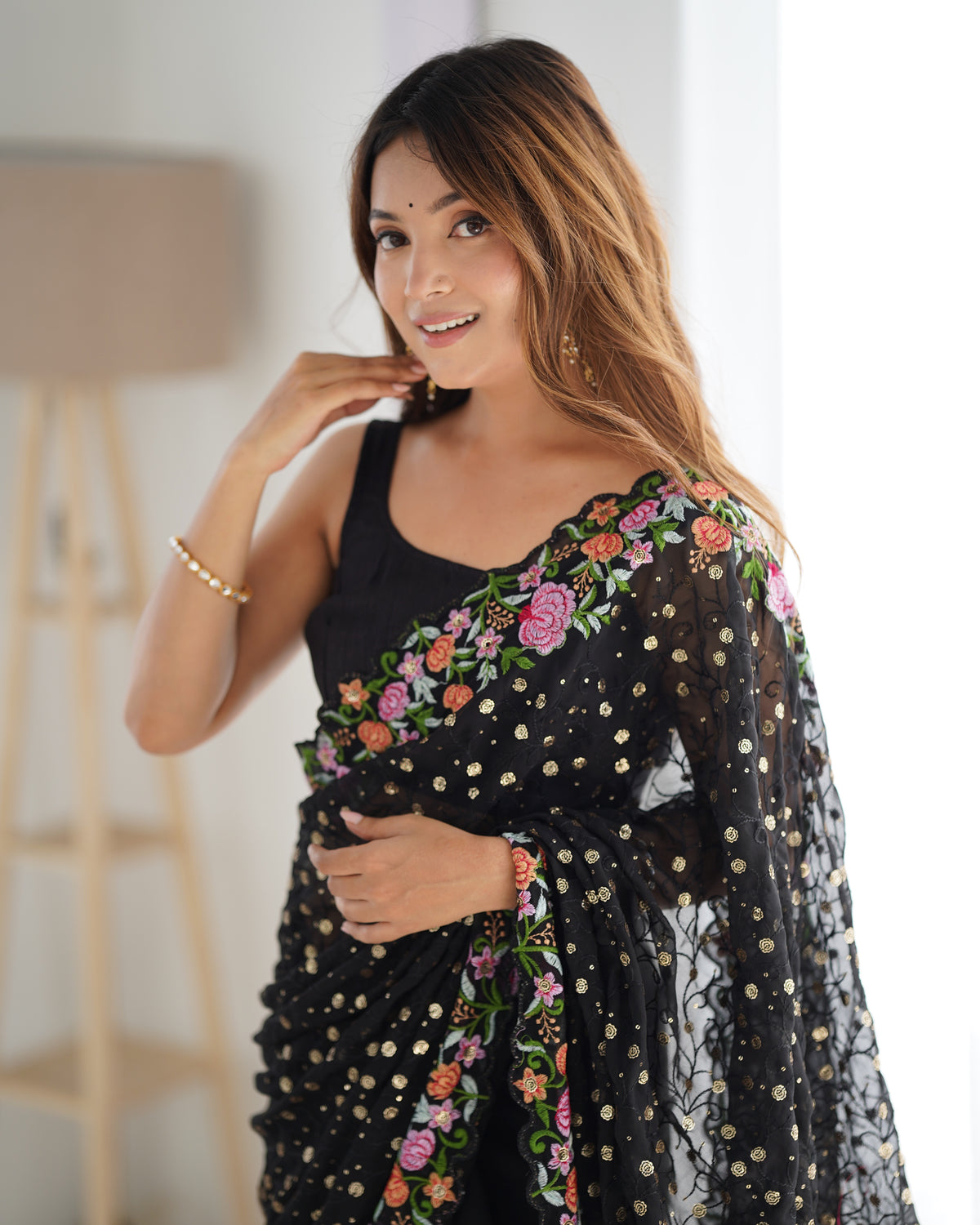 Urban Pallu Embroidered Poly Georgette Fusion Saree
