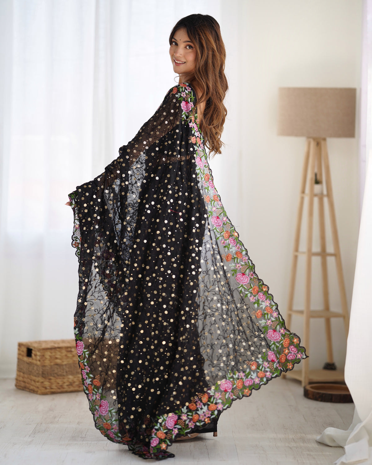 Urban Pallu Embroidered Poly Georgette Fusion Saree