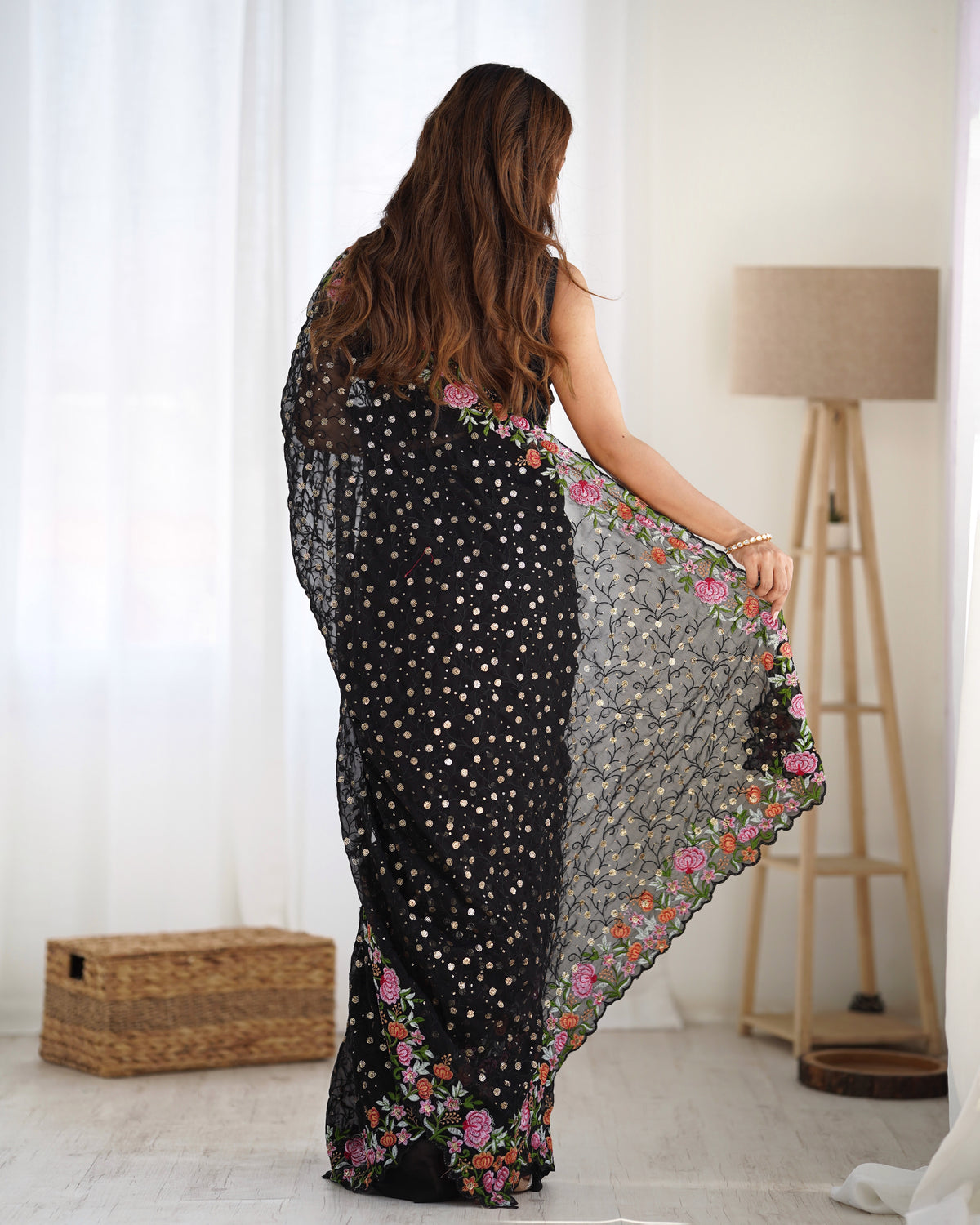 Urban Pallu Embroidered Poly Georgette Fusion Saree