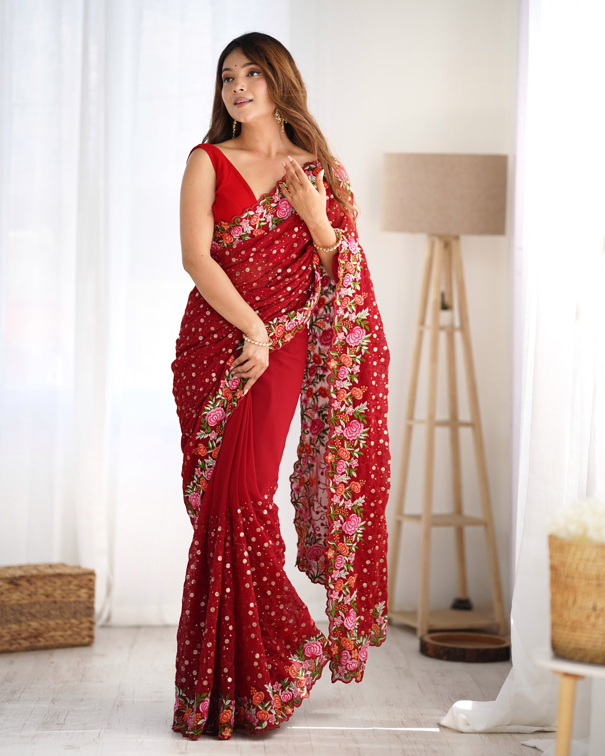 Urban Pallu Embroidered Poly Georgette Fusion Saree