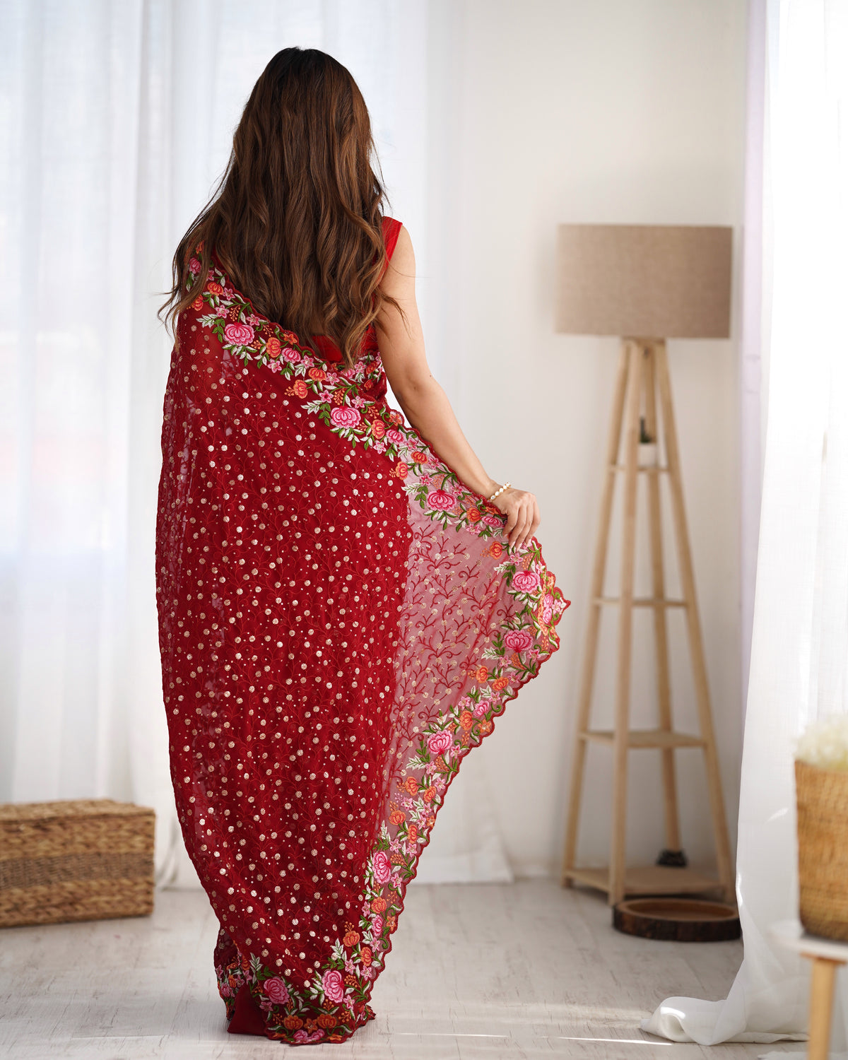 Urban Pallu Embroidered Poly Georgette Fusion Saree