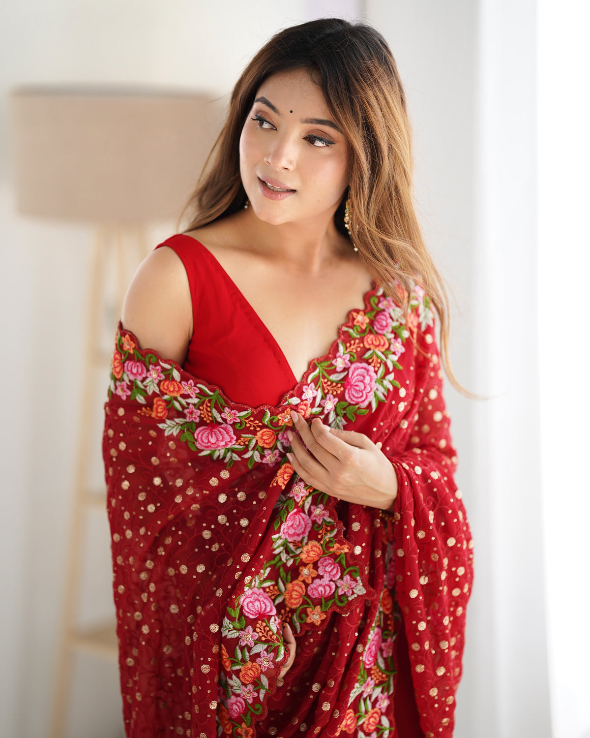 Urban Pallu Embroidered Poly Georgette Fusion Saree