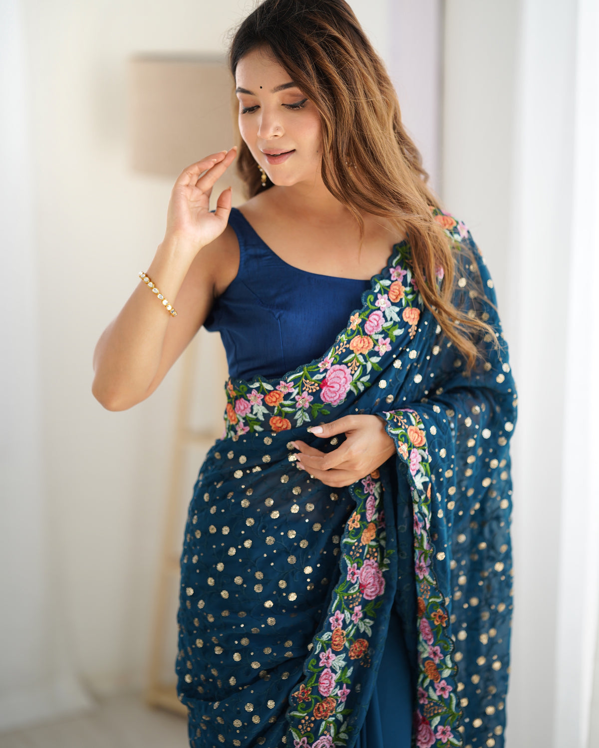 Urban Pallu Embroidered Poly Georgette Fusion Saree