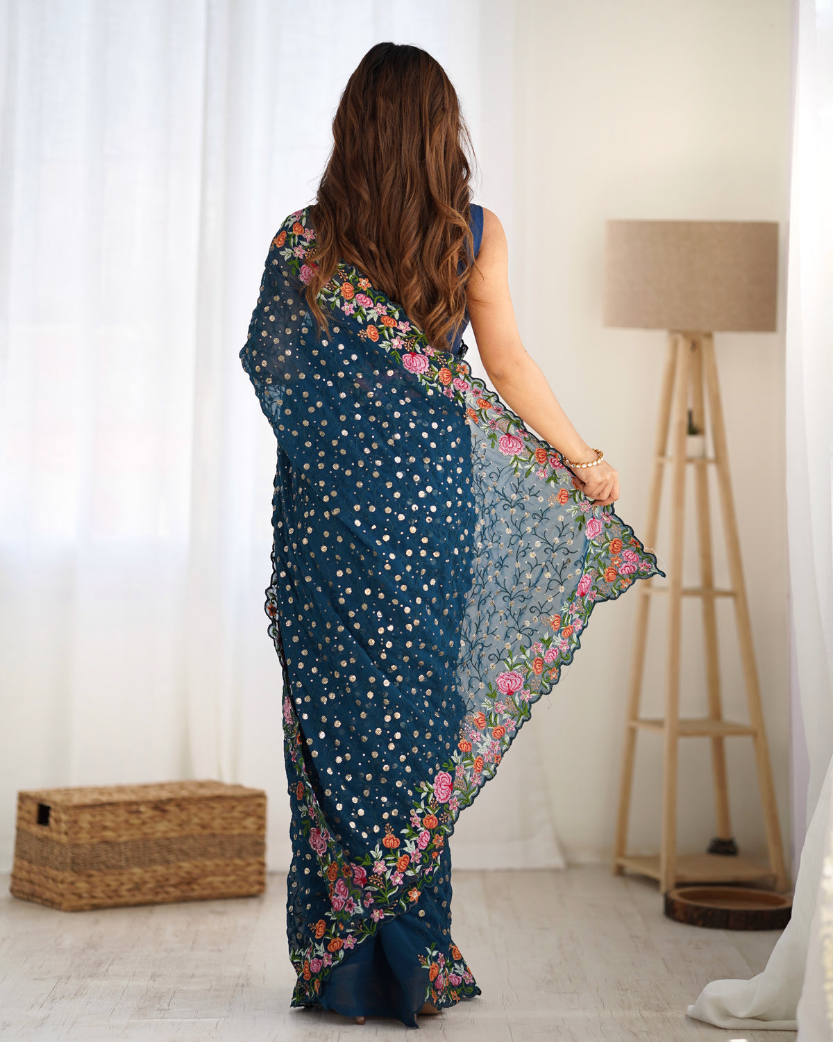 Urban Pallu Embroidered Poly Georgette Fusion Saree