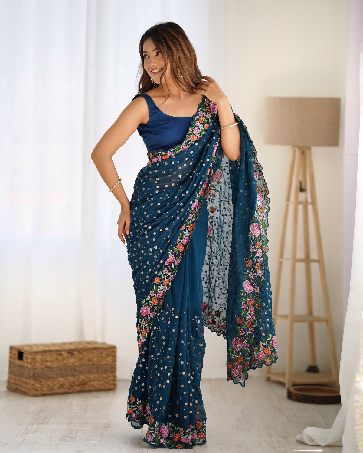 Urban Pallu Embroidered Poly Georgette Fusion Saree