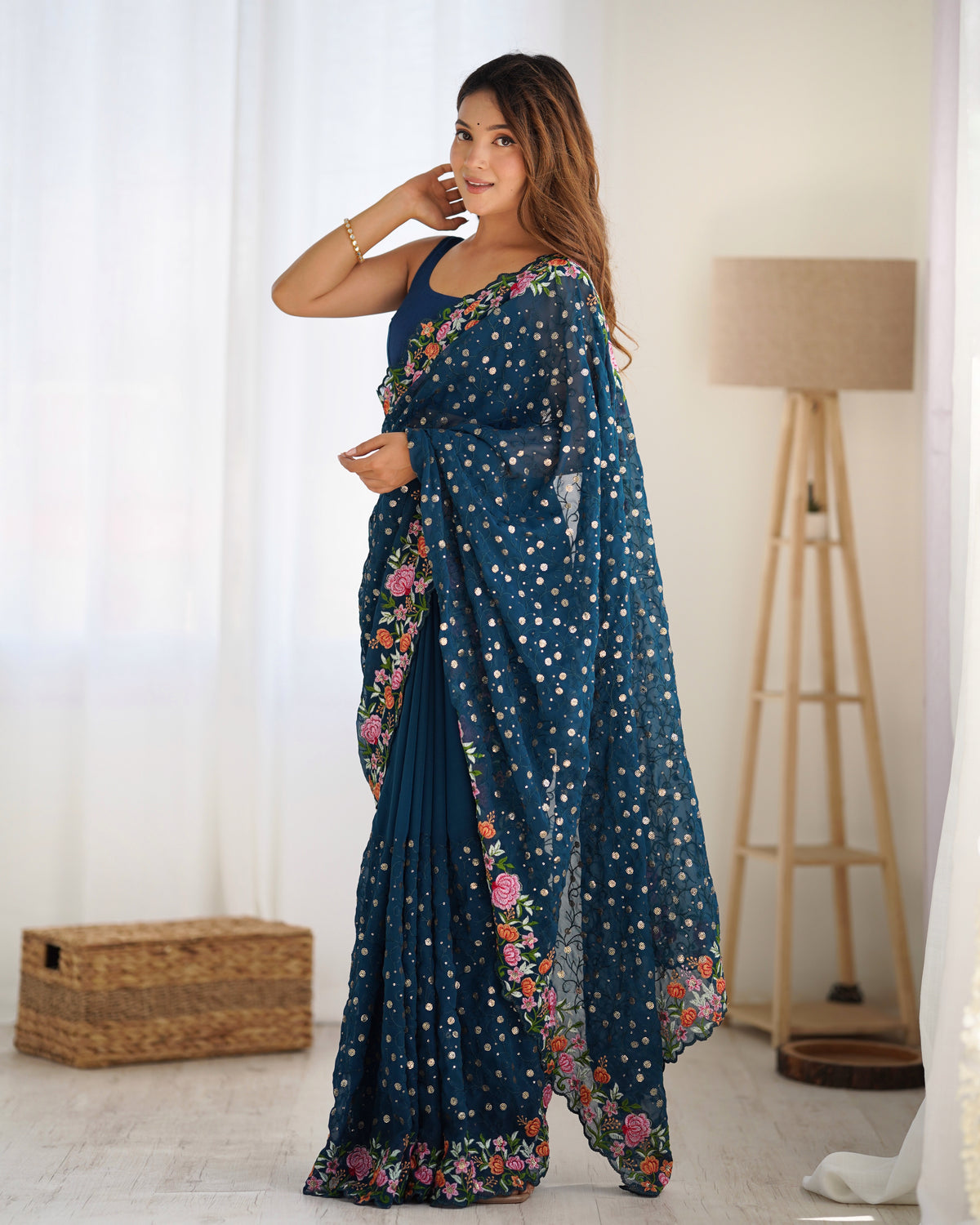 Urban Pallu Embroidered Poly Georgette Fusion Saree