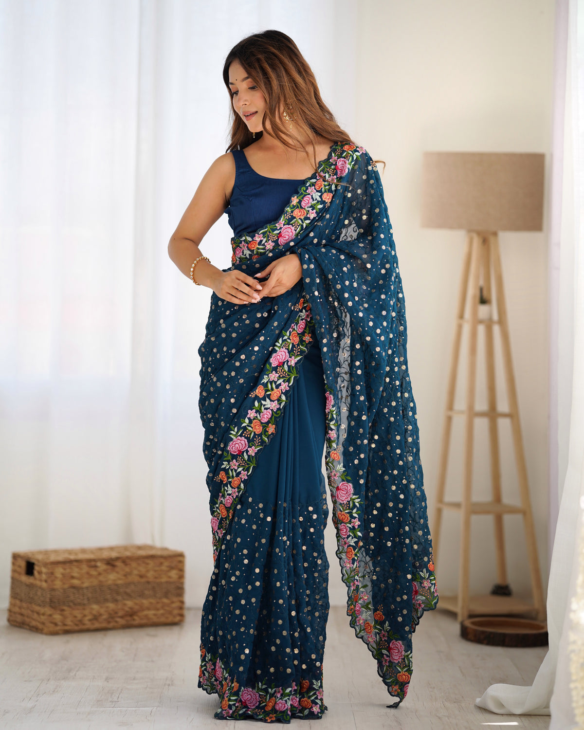 Urban Pallu Embroidered Poly Georgette Fusion Saree
