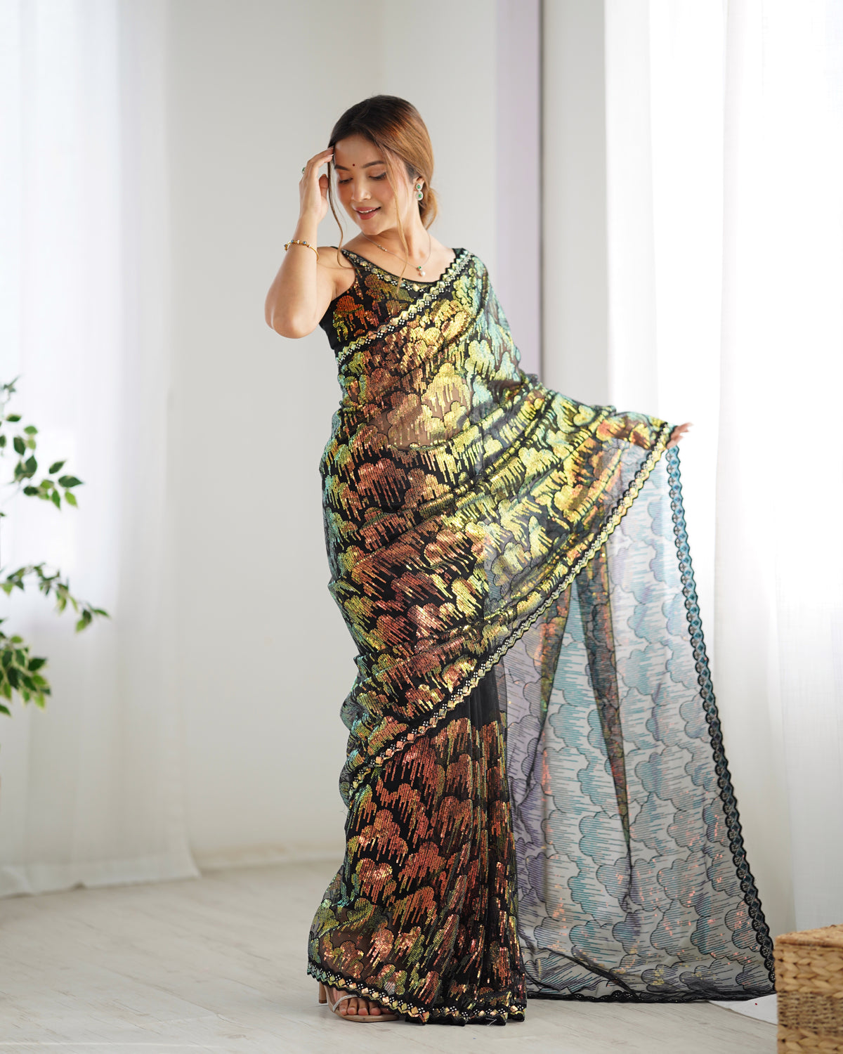Urban Pallu Embroidered Net Festive Saree