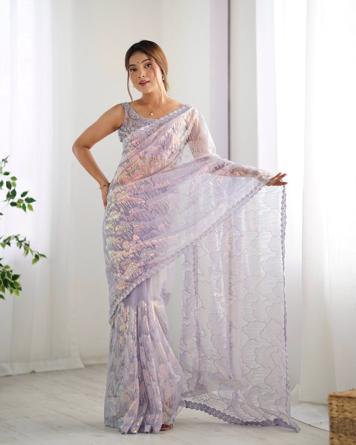Urban Pallu Embroidered Net Festive Saree
