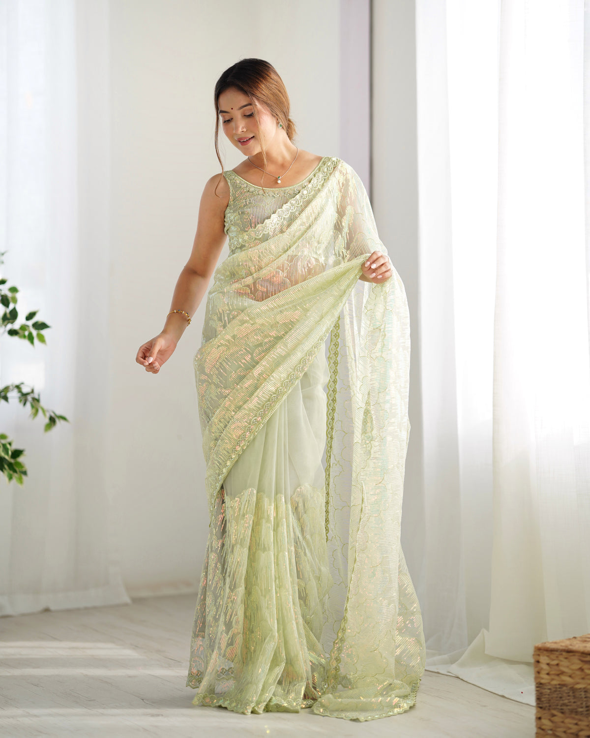 Urban Pallu Embroidered Net Festive Saree