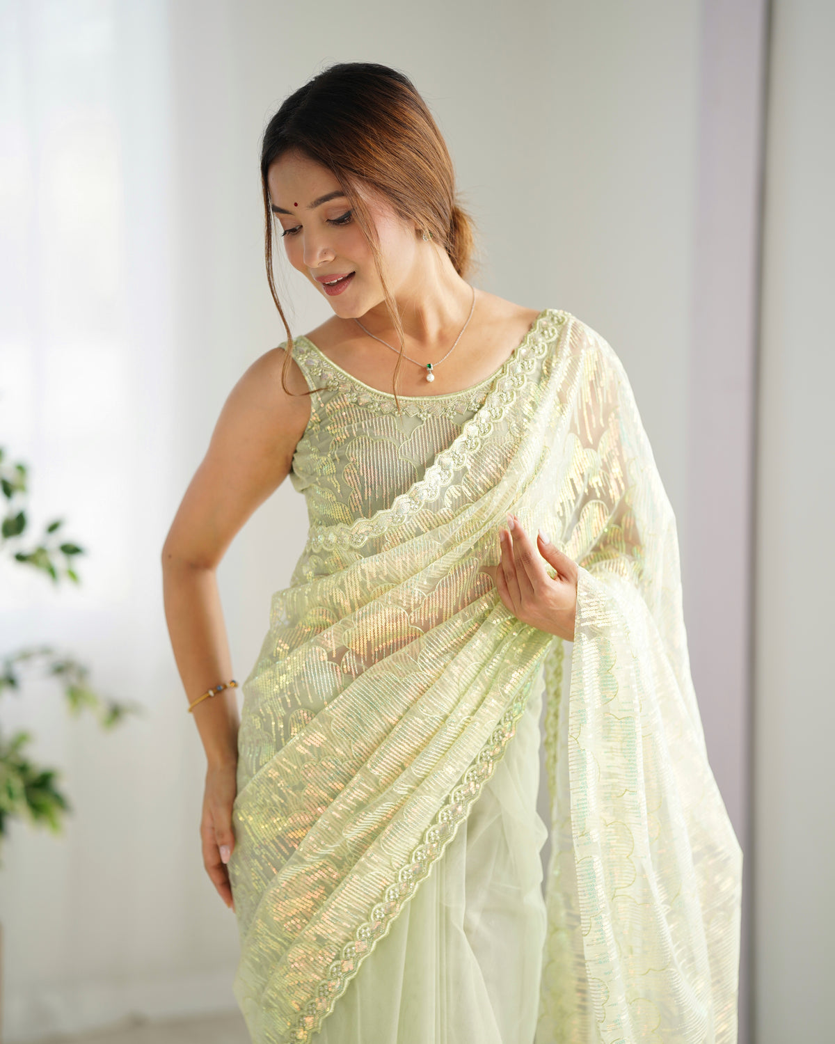 Urban Pallu Embroidered Net Festive Saree