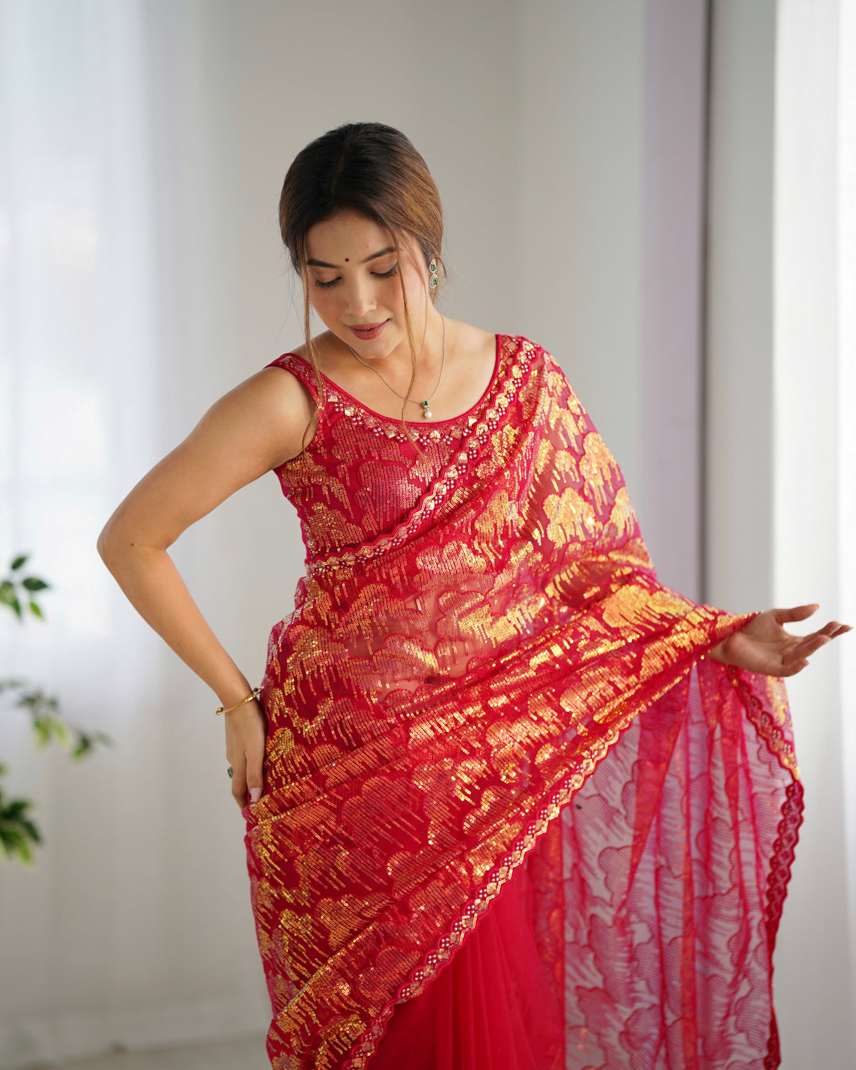 Urban Pallu Embroidered Net Festive Saree