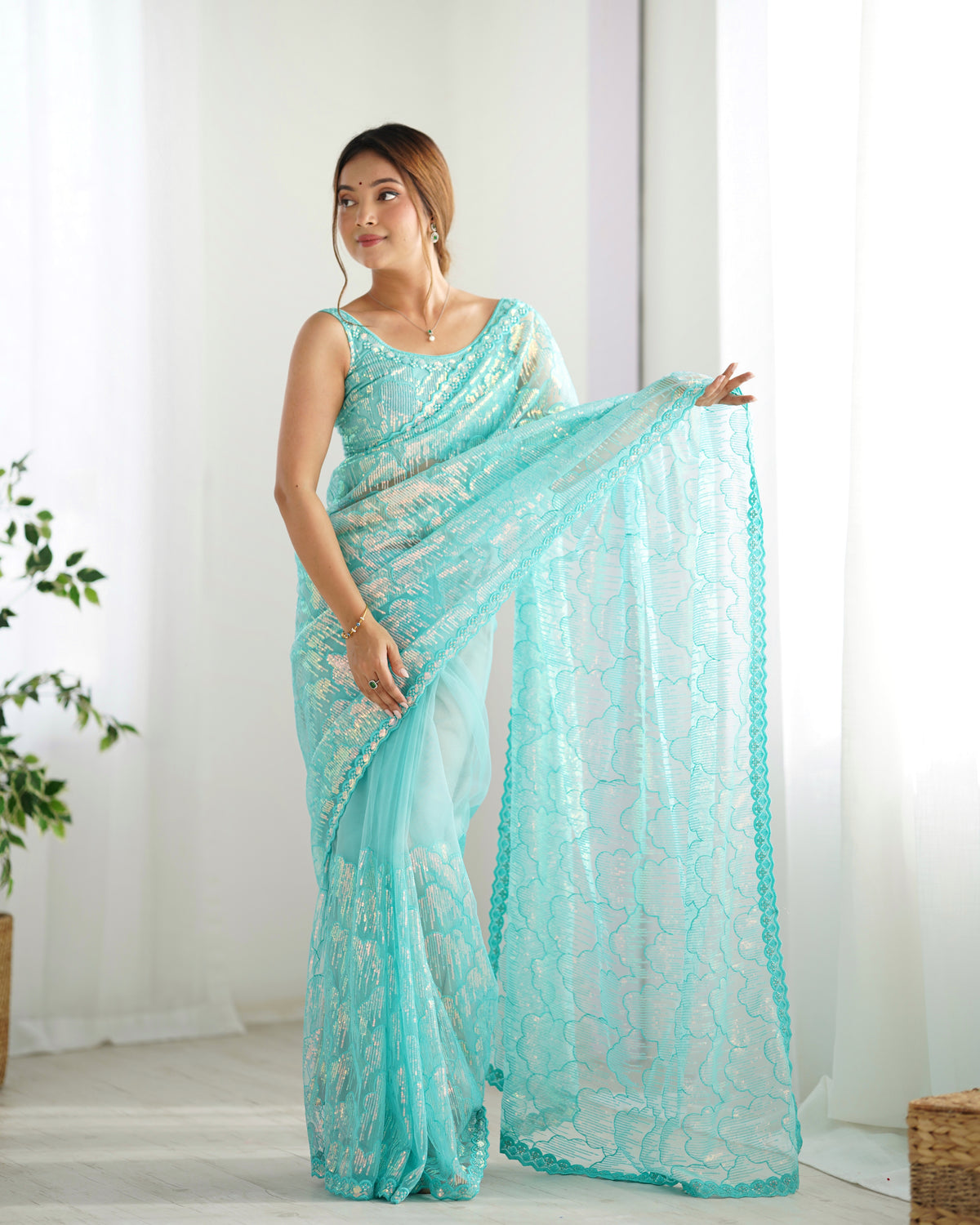 Urban Pallu Embroidered Net Festive Saree