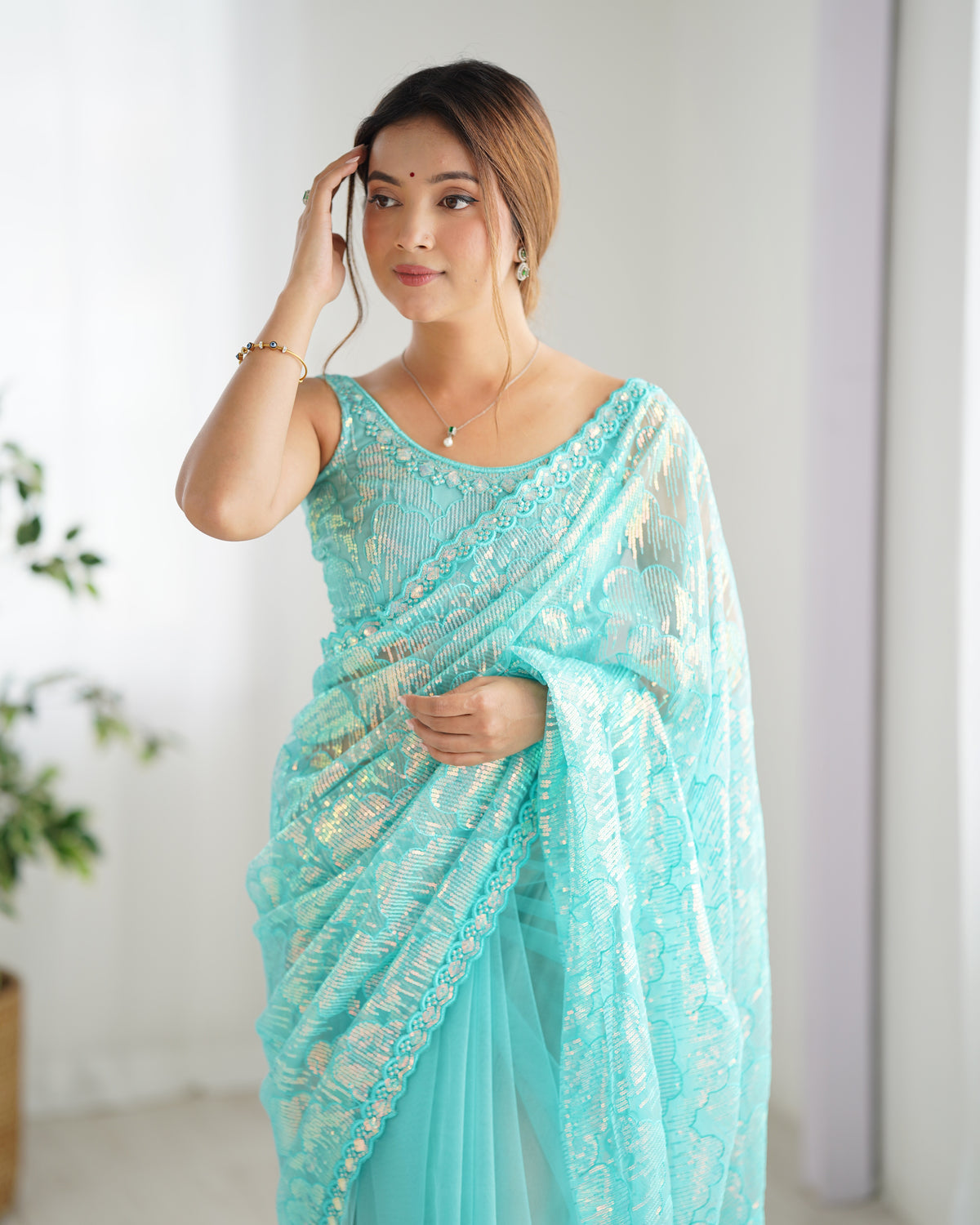 Urban Pallu Embroidered Net Festive Saree