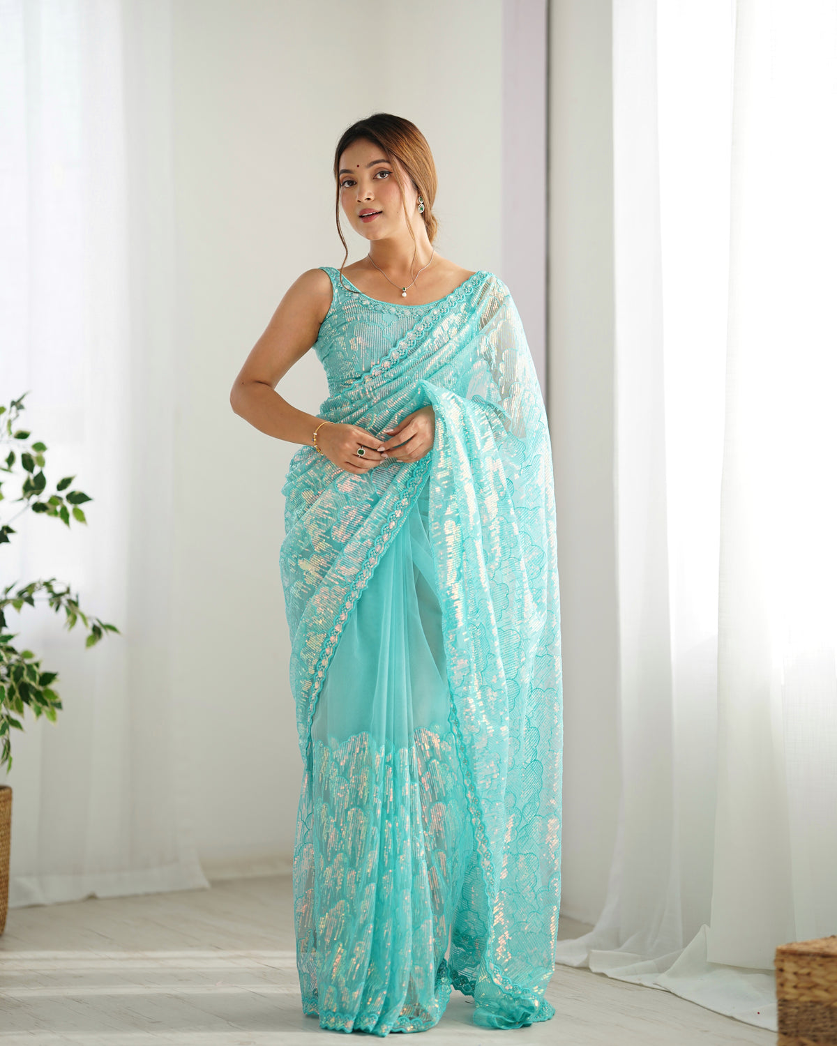 Urban Pallu Embroidered Net Festive Saree