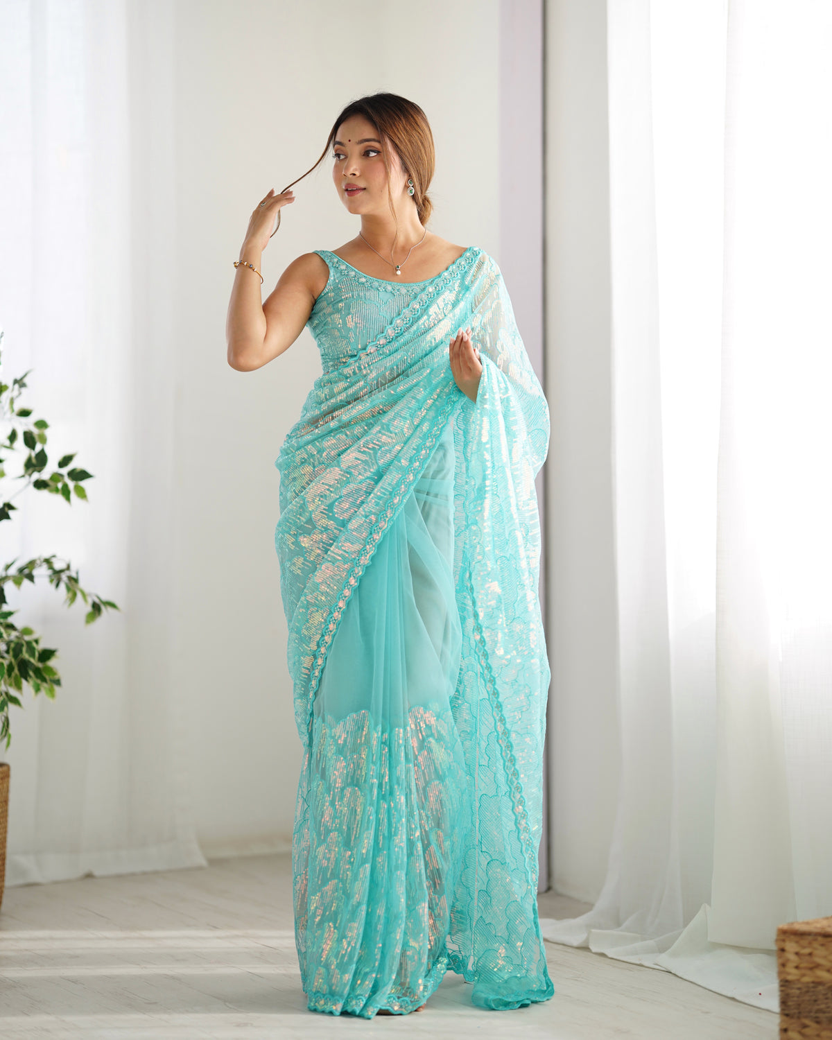 Urban Pallu Embroidered Net Festive Saree