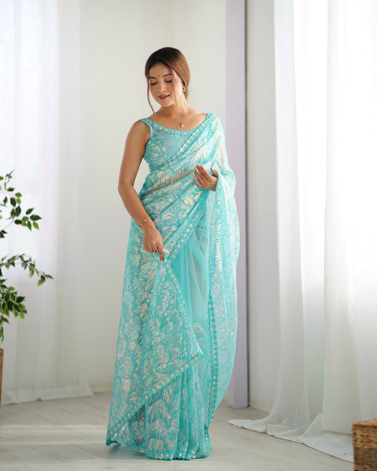 Urban Pallu Embroidered Net Festive Saree