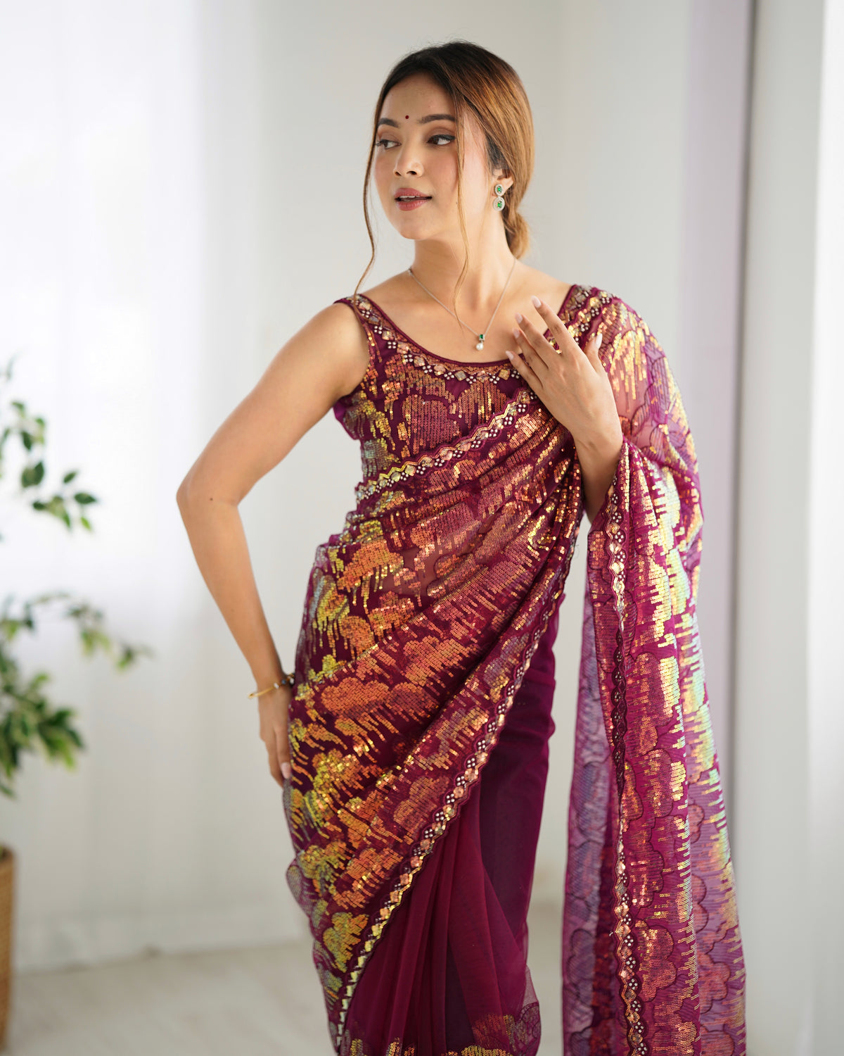 Urban Pallu Embroidered Net Festive Saree
