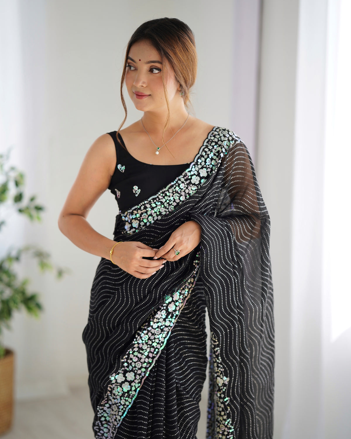 Urban Pallu Embroidered Poly Georgette Festive Saree