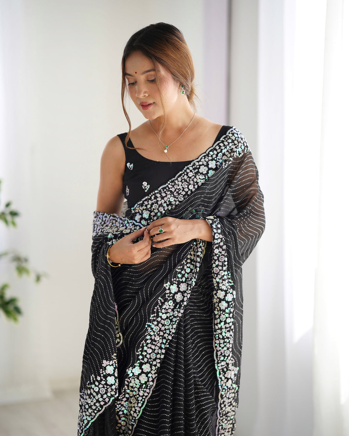 Urban Pallu Embroidered Poly Georgette Festive Saree