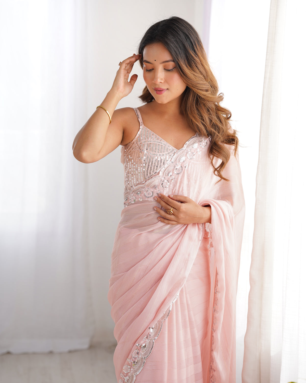 Urban Pallu Solid Poly Chiffon Festive Saree
