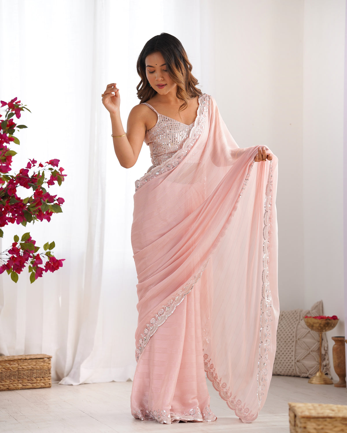 Urban Pallu Solid Poly Chiffon Festive Saree