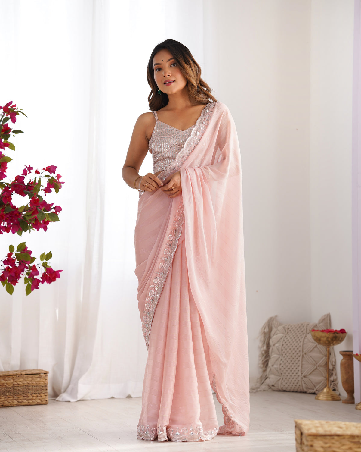 Urban Pallu Solid Poly Chiffon Festive Saree