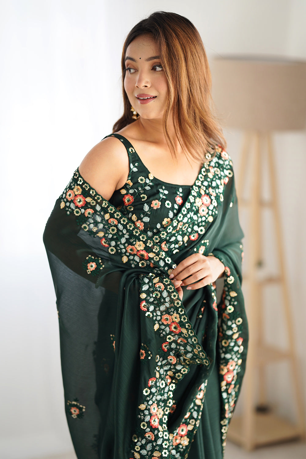 Urban Pallu Solid Poly Chiffon Festive Saree