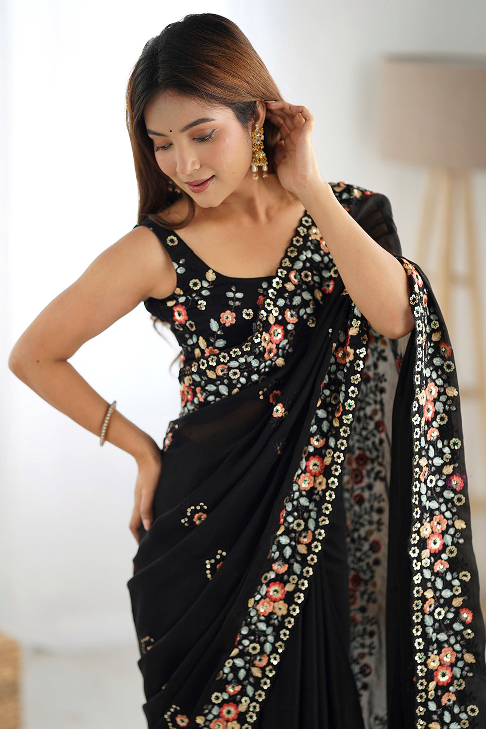 Urban Pallu Solid Poly Chiffon Festive Saree