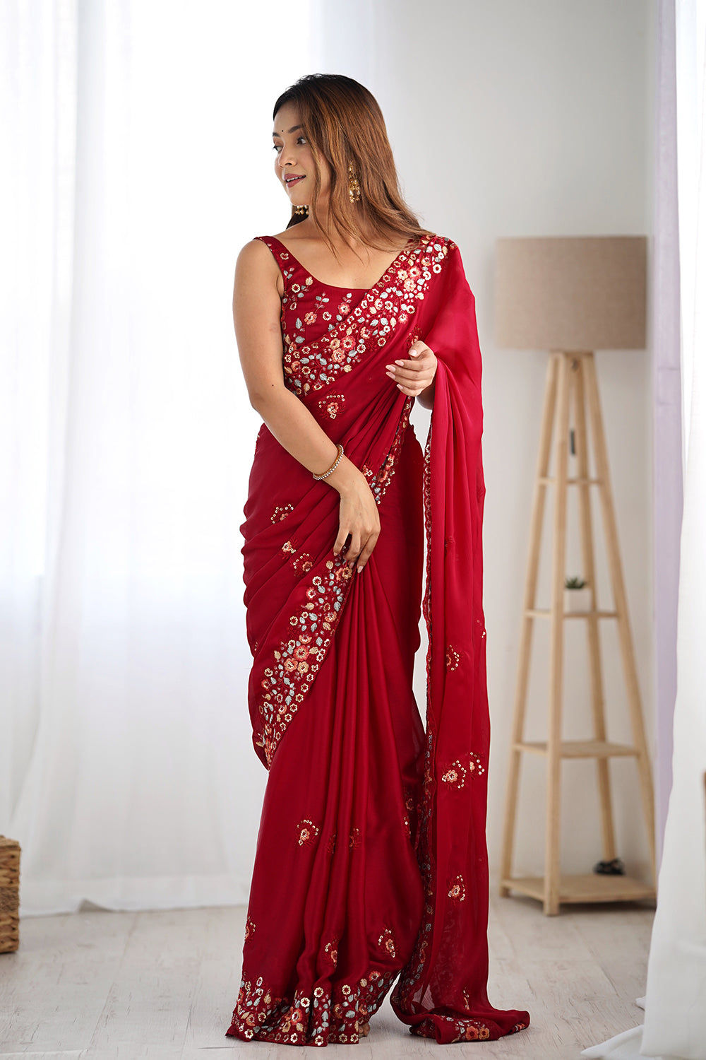 Urban Pallu Solid Poly Chiffon Festive Saree