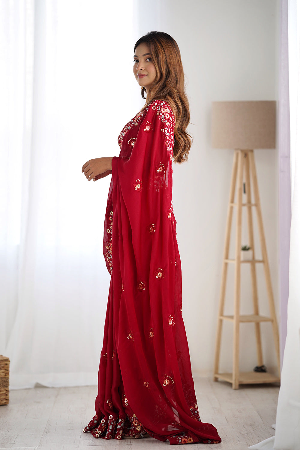 Urban Pallu Solid Poly Chiffon Festive Saree