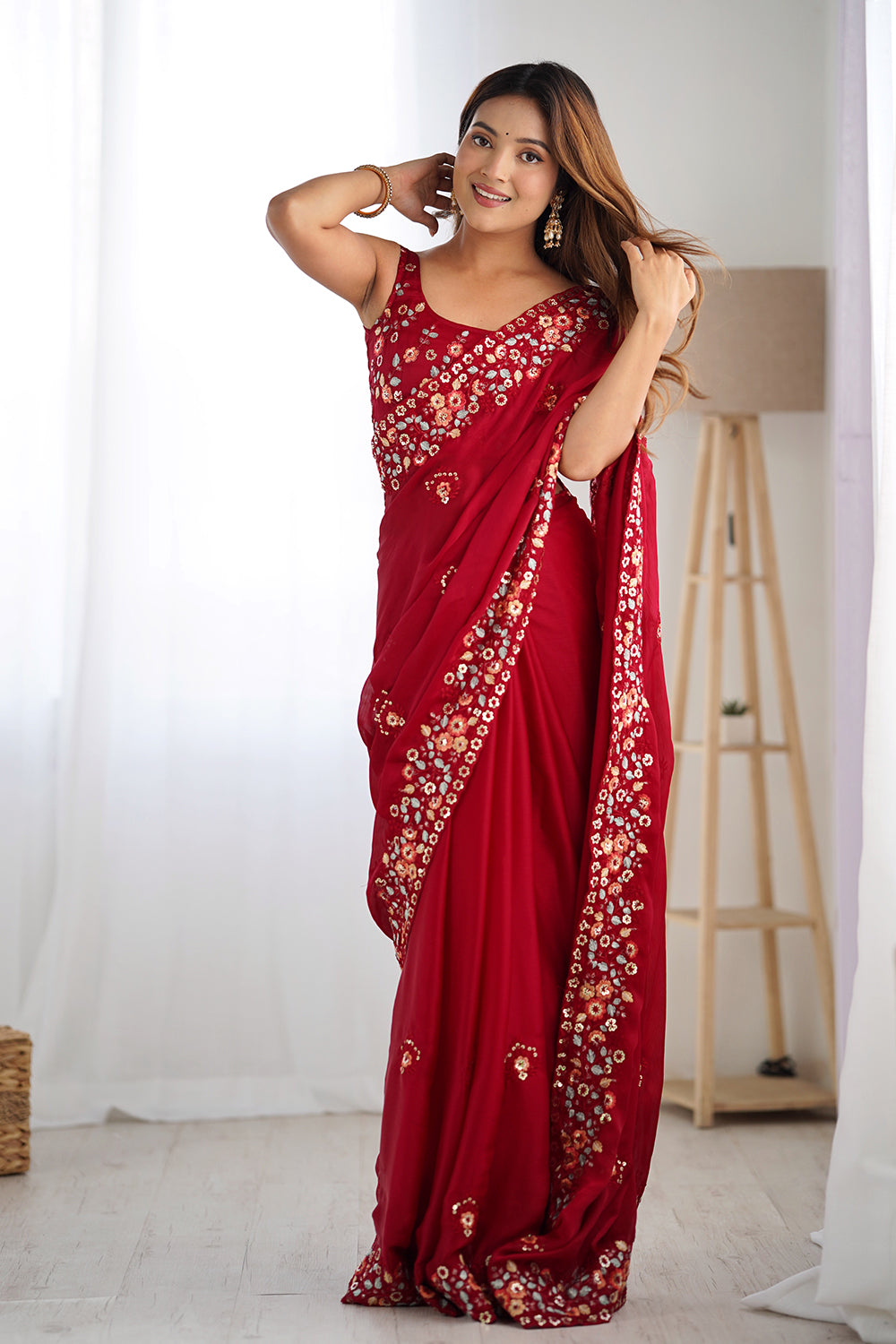 Urban Pallu Solid Poly Chiffon Festive Saree