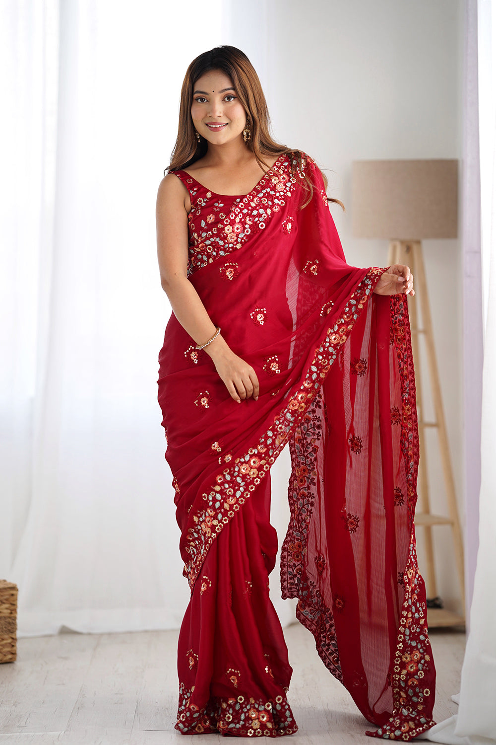 Urban Pallu Solid Poly Chiffon Festive Saree