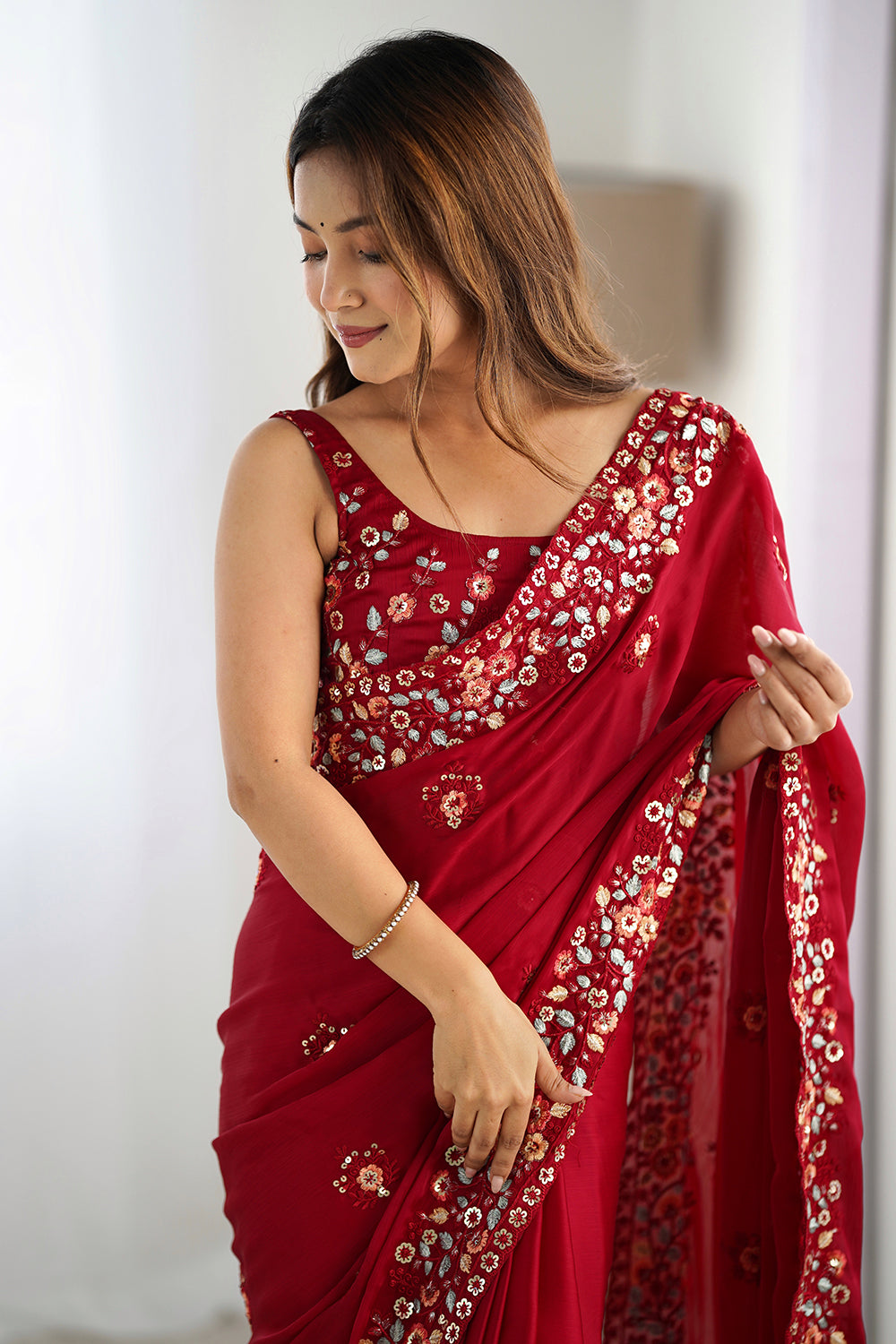 Urban Pallu Solid Poly Chiffon Festive Saree