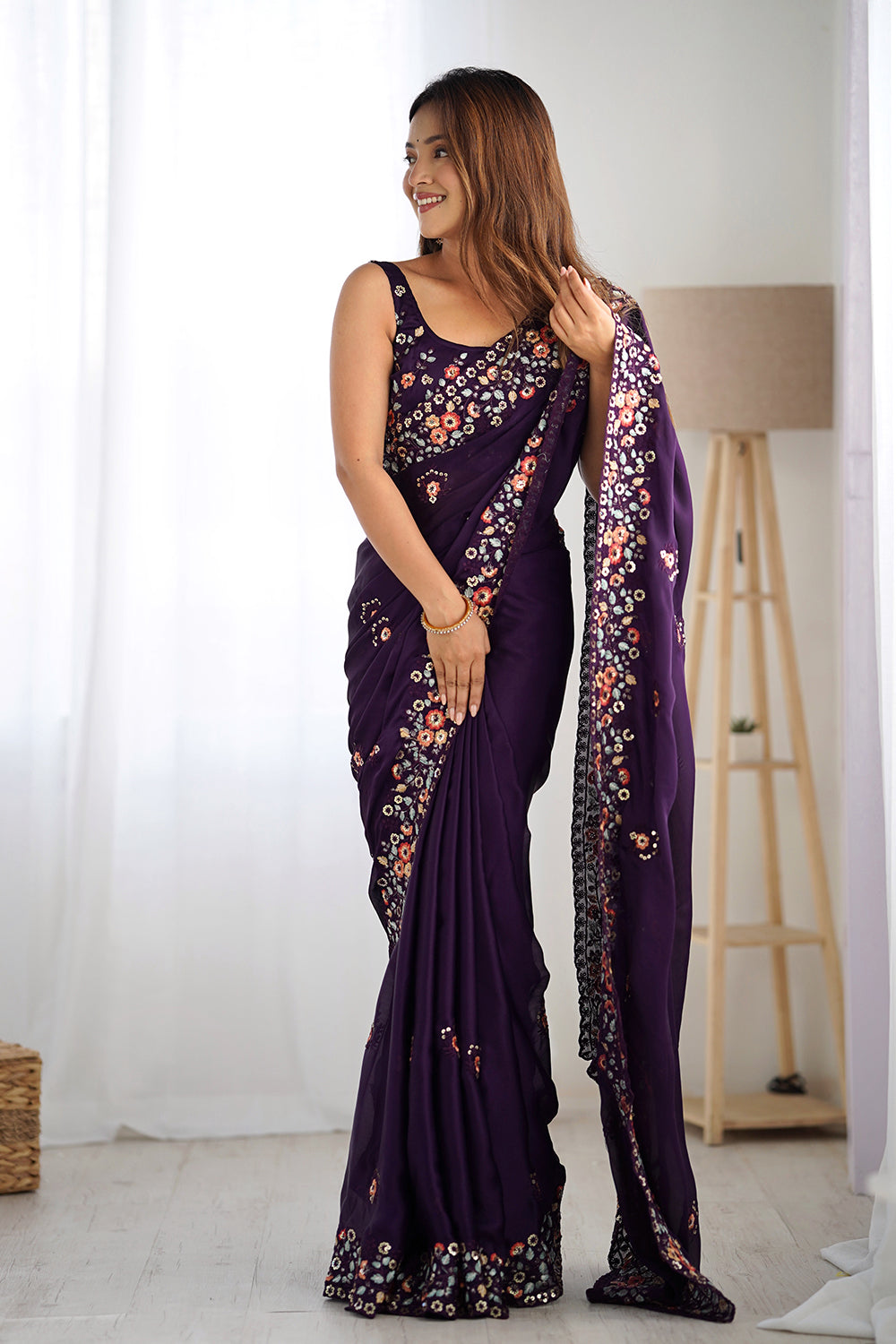 Urban Pallu Solid Poly Chiffon Festive Saree