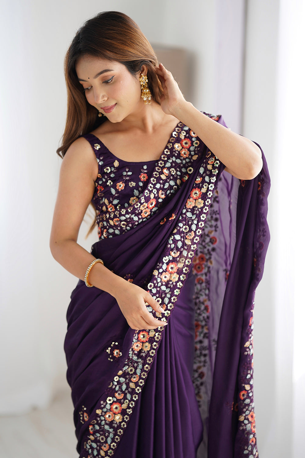 Urban Pallu Solid Poly Chiffon Festive Saree
