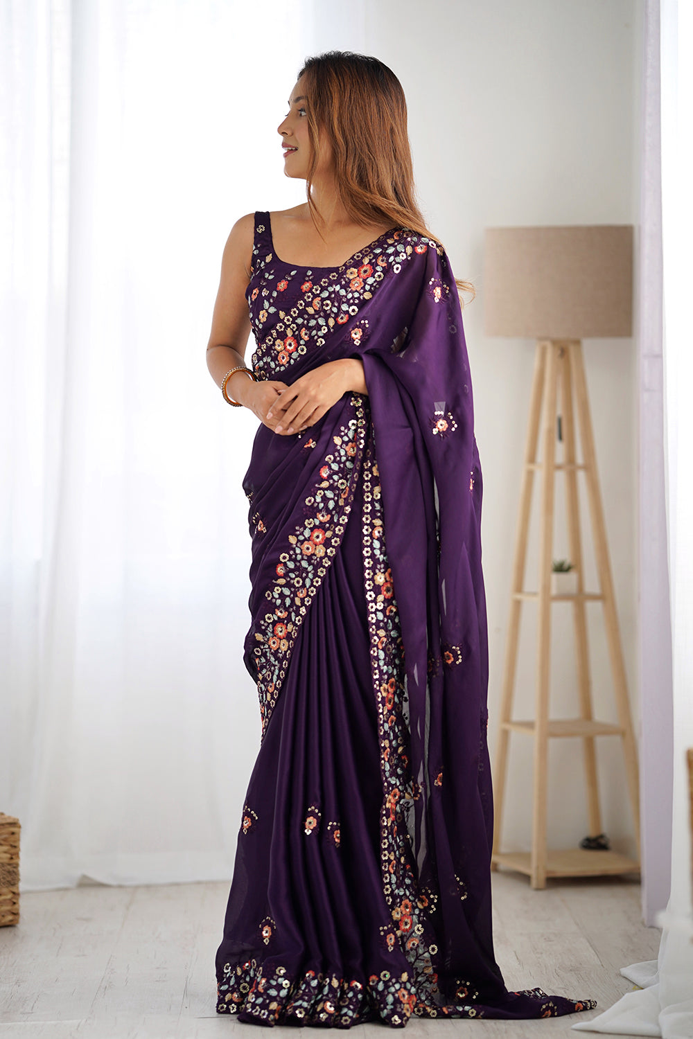 Urban Pallu Solid Poly Chiffon Festive Saree