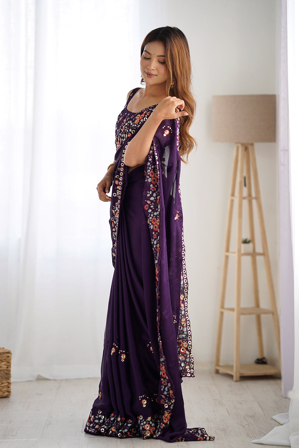 Urban Pallu Solid Poly Chiffon Festive Saree