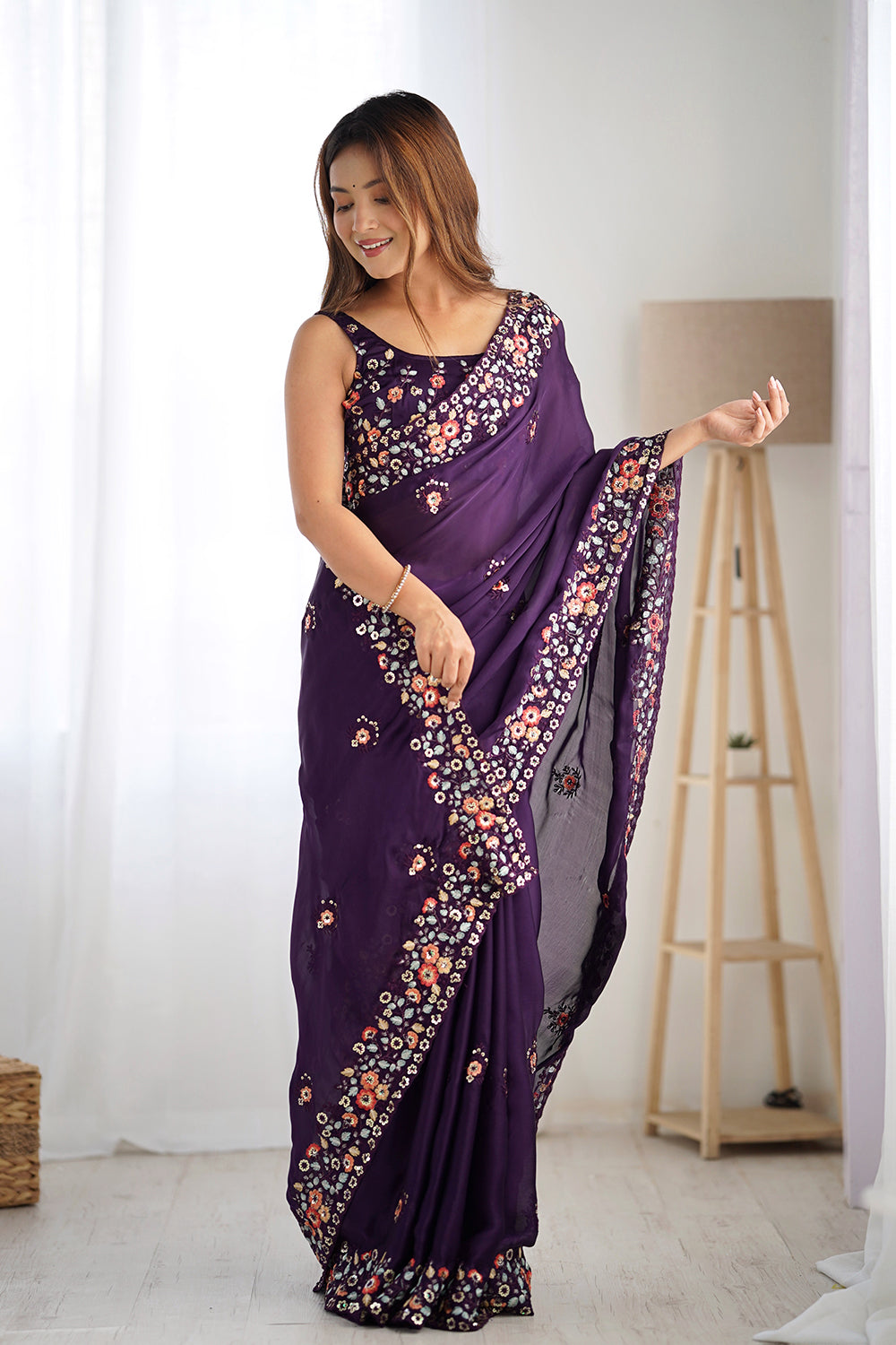 Urban Pallu Solid Poly Chiffon Festive Saree