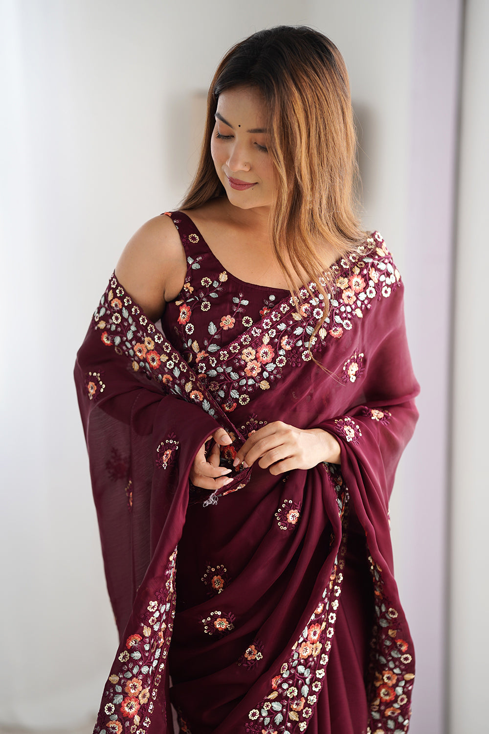 Urban Pallu Solid Poly Chiffon Festive Saree