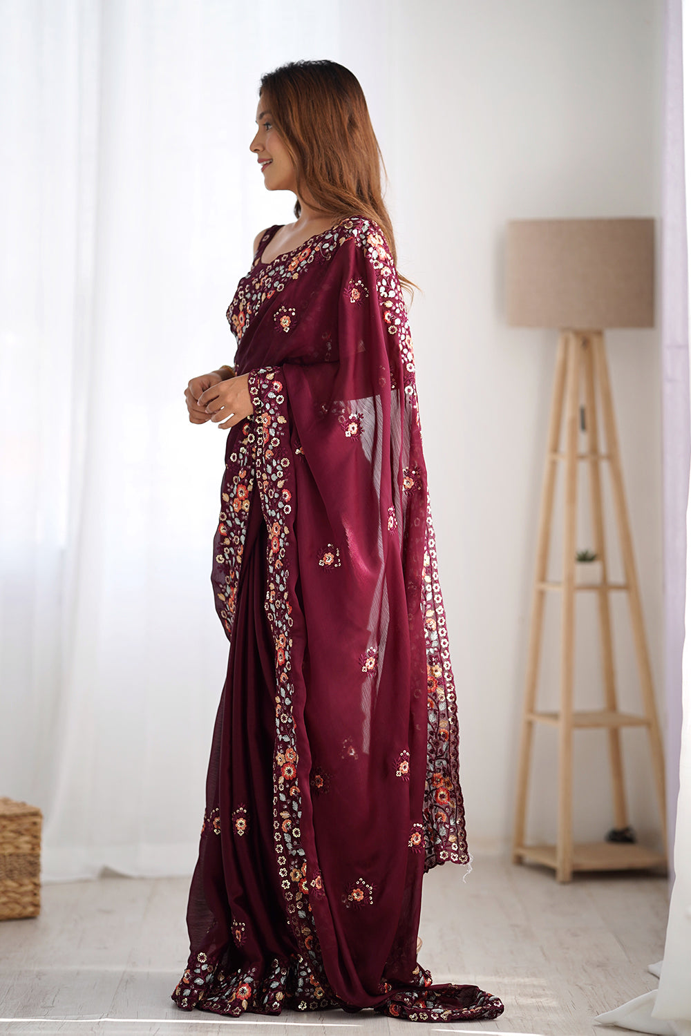 Urban Pallu Solid Poly Chiffon Festive Saree