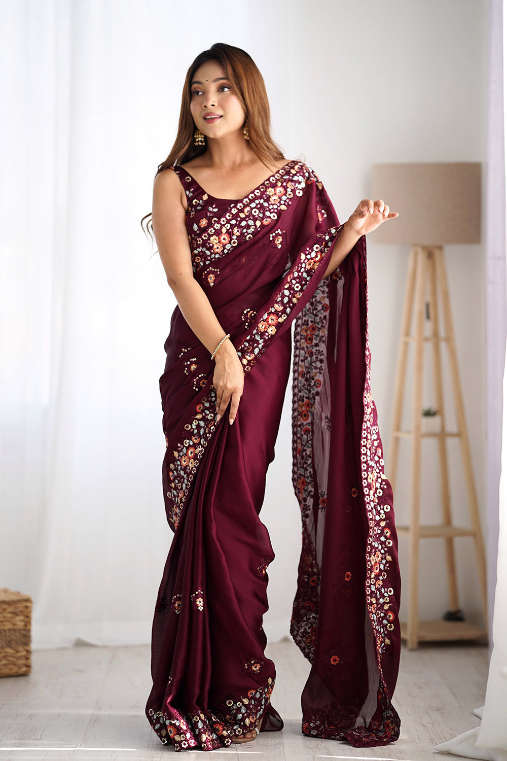 Urban Pallu Solid Poly Chiffon Festive Saree