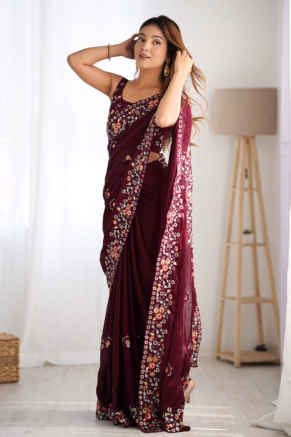 Urban Pallu Solid Poly Chiffon Festive Saree