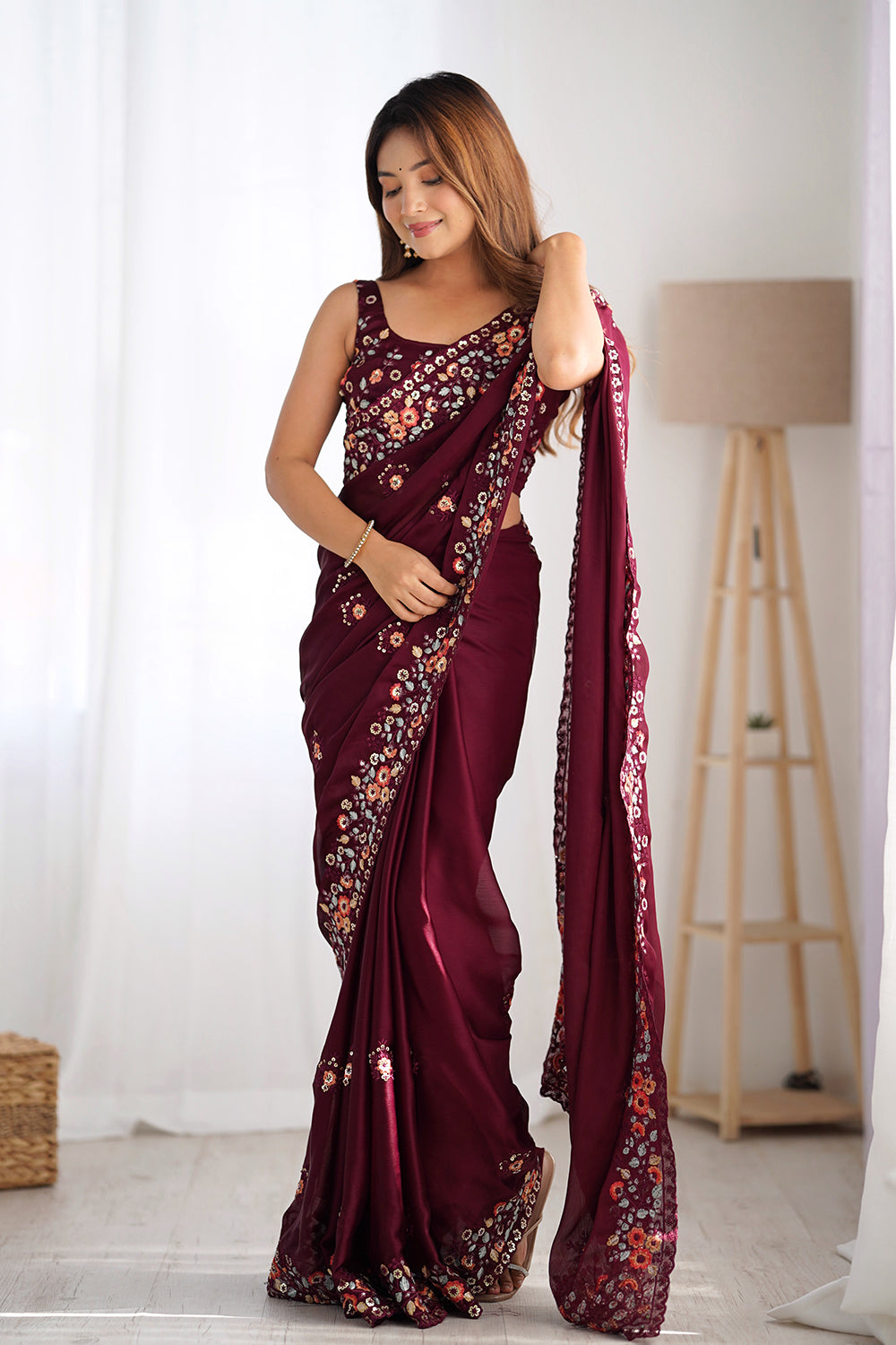 Urban Pallu Solid Poly Chiffon Festive Saree