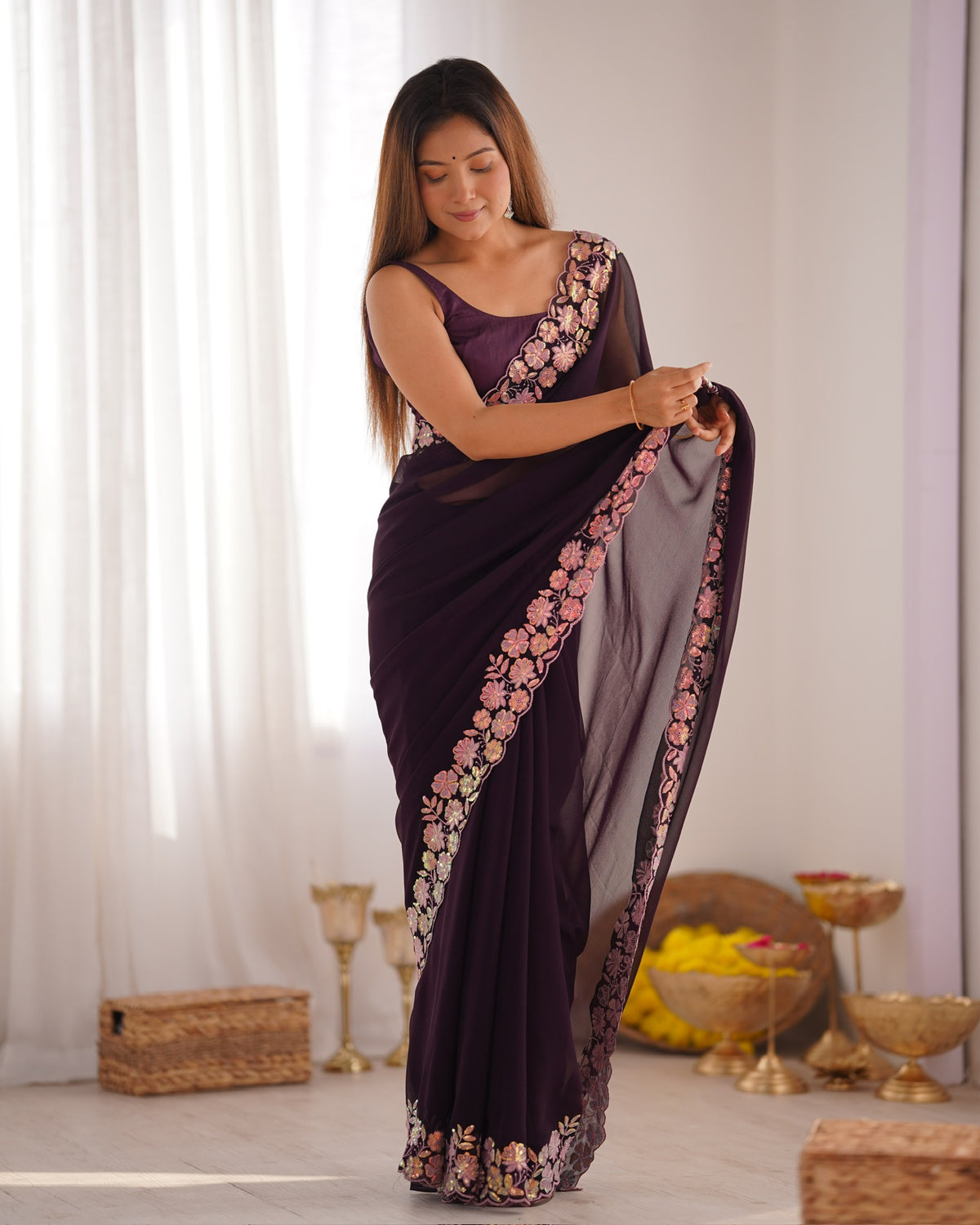 Urban Pallu Solid Poly Georgette Festive Saree